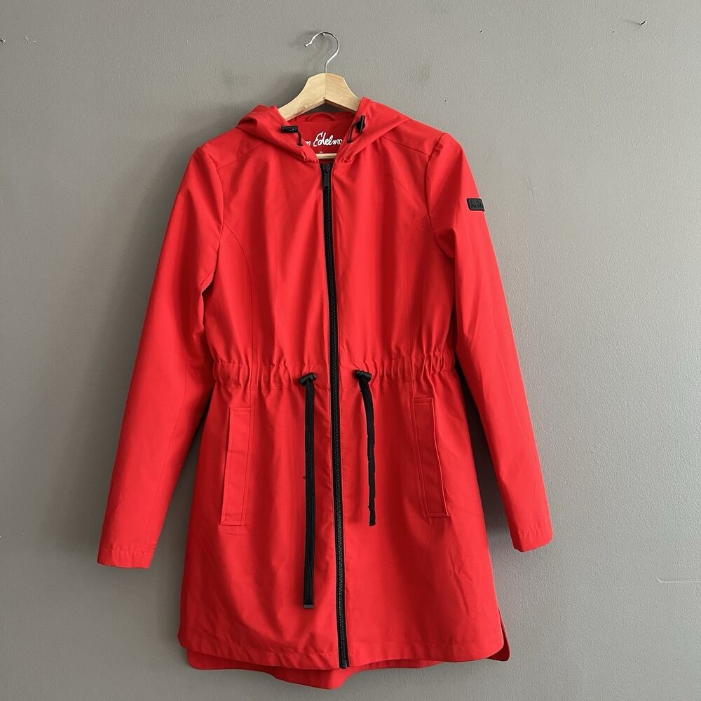 Sam Edelman Women's Hooded Fill Zip Rain Jacket Water Resistant Stretch Red XS